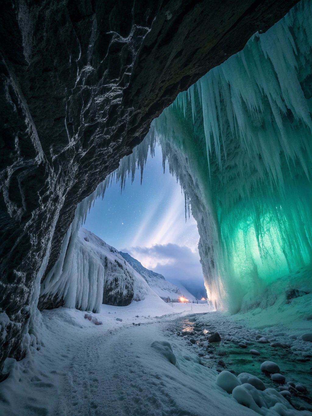 Blue glacial ice cave interior